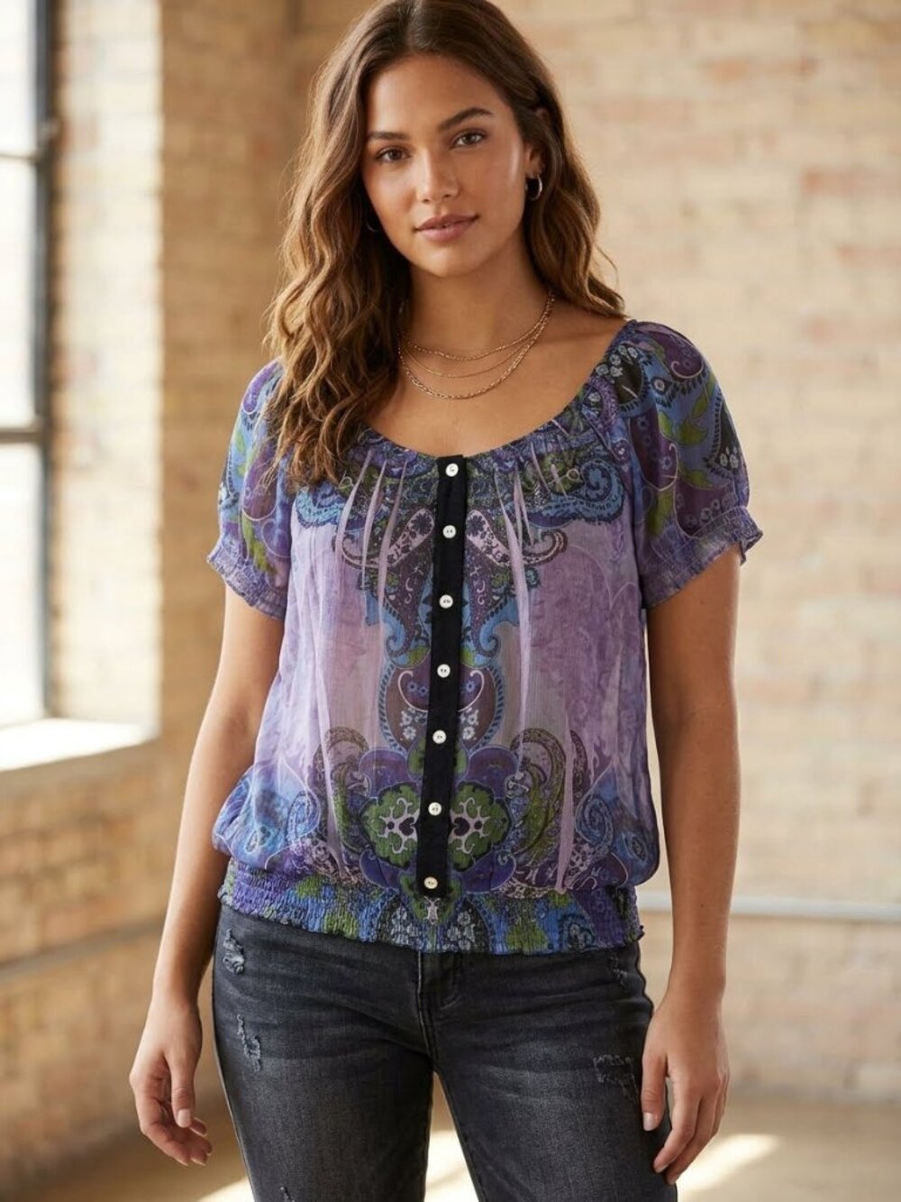 One World Live and Let Live Purple Paisley Boho Smocked Peasant Blouse PXL